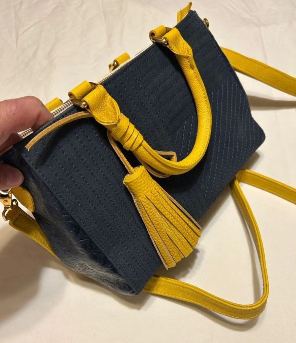 Adeliza NWT Womens Navy Yellow SATCHEL CROSSBODY Leather Tassel Bag